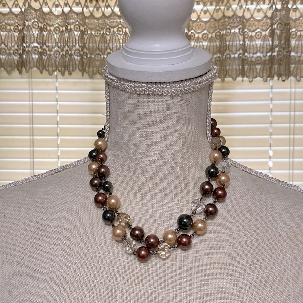 Amber Vintage double stranded faux pearl beaded chain necklace